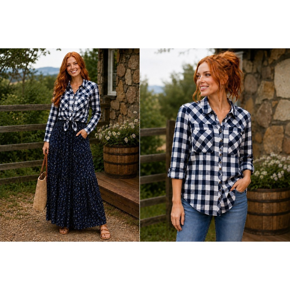 Women's Navy & White Buffalo Plaid Button-Up Shirt 100% Cotton Farmhouse Country